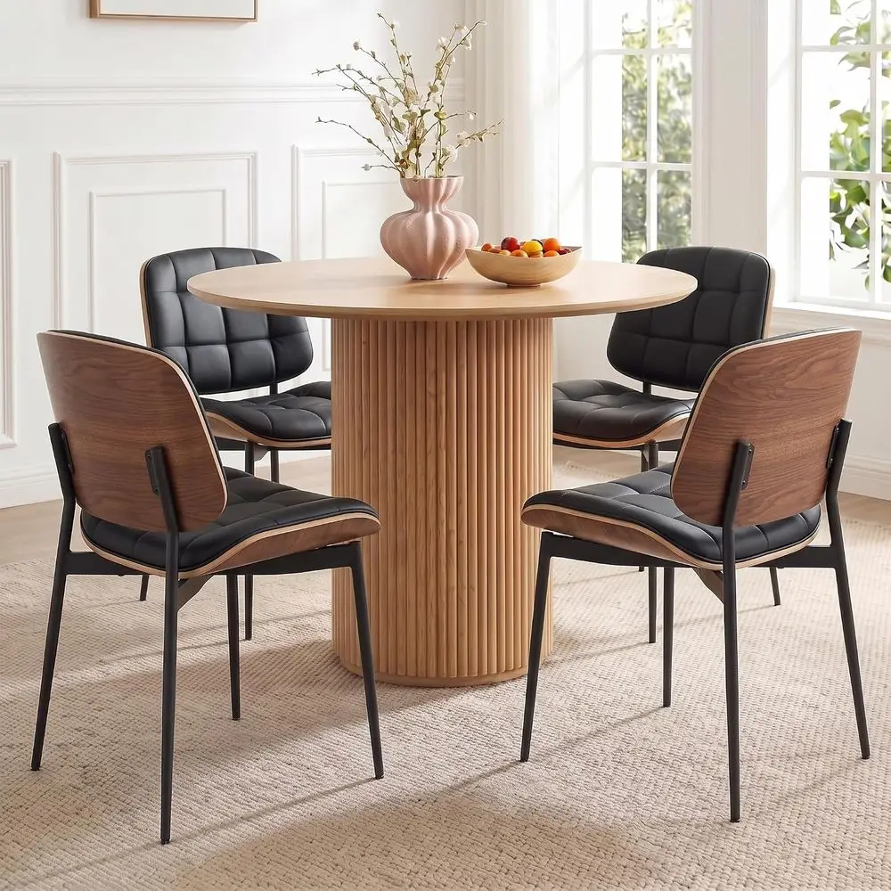 Century ern Dining Chairs with Walnut Grain Back, Black aux Leather Dining Room Chairs Set o 4, Checkered Sot Cushion Kitchen Ch