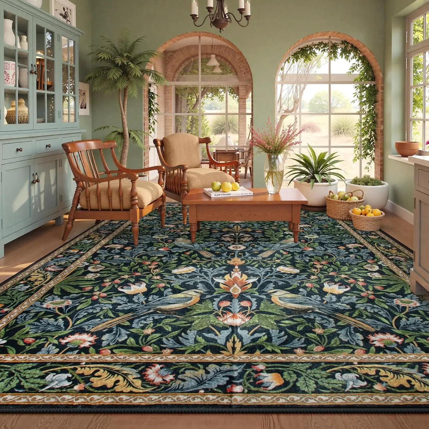 8x10 Extra Large Dark Green Navy Botanical Bird Area Rug Washable Non Slip Stain Resistant Carpet for Dorm Classroom Home Decor