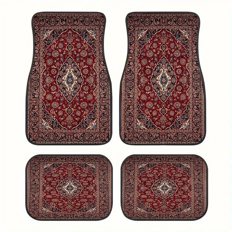 

4pcs Persian Style Car Floor Mats - Fit For All Vehicles, Durable All-Season Protection With Intricate Red & Golden Geometric Pa