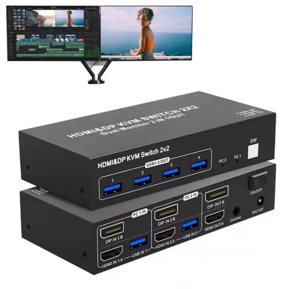 

2x2 Dual Monitor HDMI KVM Switch 4K 60Hz, HDMI Displayport USB 3.0 KVM Switcher Extended Display for 2 PC Share Mouse Keyboard