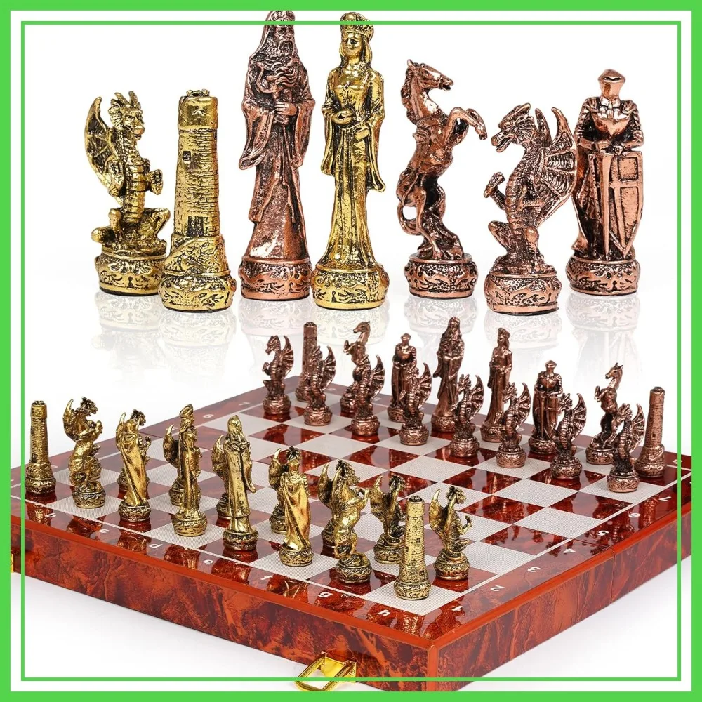 

Vintage Metal Chess Set with 15'' Wooden Board - Travel Game for Adults, Collectible Gift