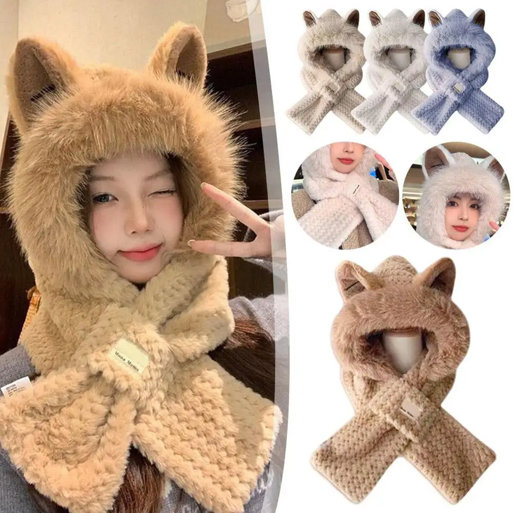 Little Bear Hat Scarf One Piece Thickened Warm Ear Hat Winter Women's Cycling Warm Cute Versatile D3p8