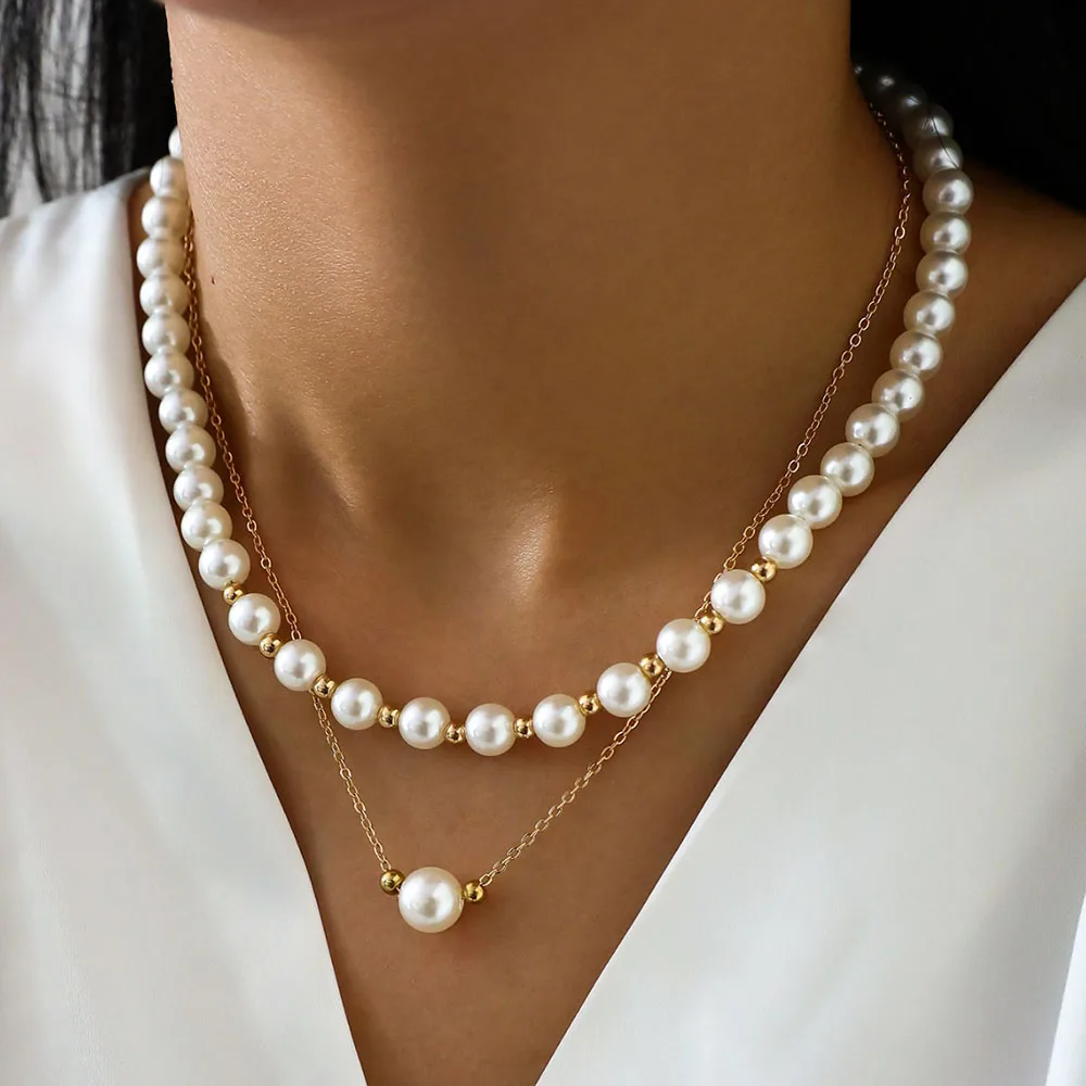 Trend Elegant Multilayer Beach Jewelry Sheet Pendant Necklace For Women Fashion White Imitation Pearl Chain Choker Necklace N453