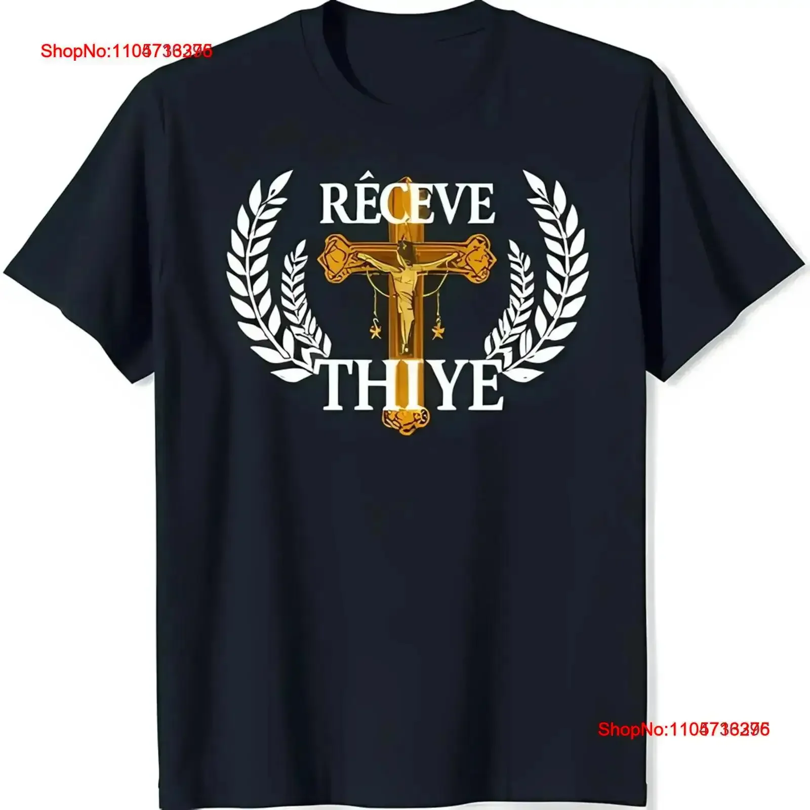 Black T Shirt with 'Receive Thy' Inscription Golden White Laurel Wreaths vintage Washed Comfortable Slightly designer clothes