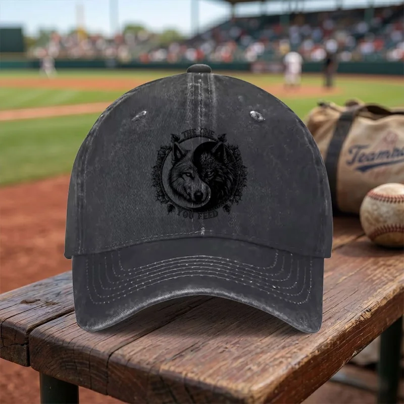 Yin-Yang Wolf Washed Baseball Cap, Adjustable Buckle, Lightweight Breathable Unisex Cap for Daily Use, Travel, Gifts