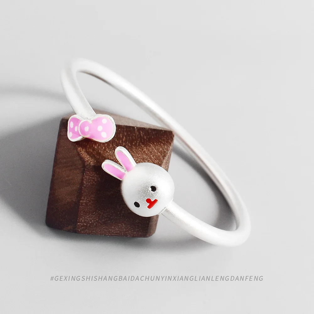 Unique 990 Sterling Silver Bangles with Cute Rabbit Charm for Mother and Child, Perfect Gift for Kids or Women