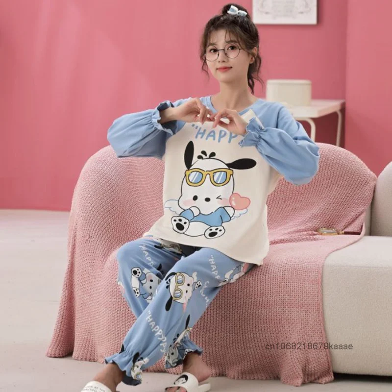 Sanrio Hello Kitty Kuromi Cinnamoroll My Melody Pochacco Pure Cotton Sleepwear Women New Cute Cartoon Long Sleeved Home Suit Set