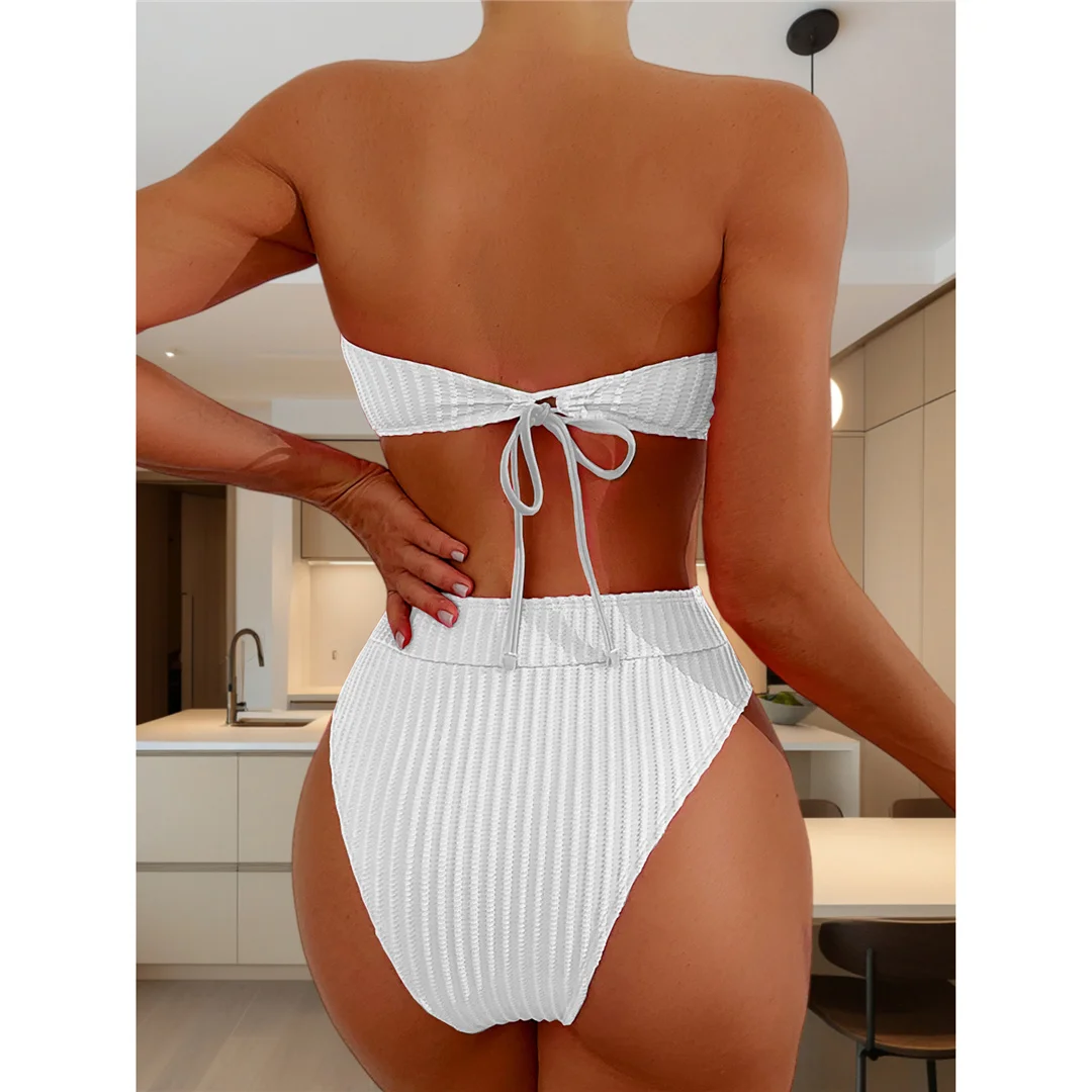 S - XL Bandeau-Bikini mit Falten, Damen-Badeanzug, Bikini mit hoher Taille, zweiteiliges Bikini-Set, Badebekleidung, Badeanzug, Modell V5904. – Detail 26
