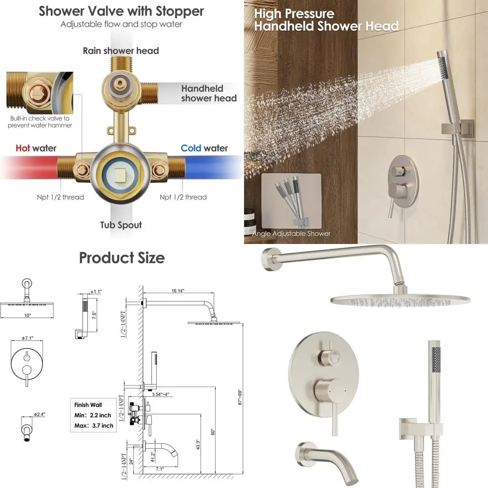 

3-Way Wall-Mounted Rainfall Shower System with 10 Showerhead and Handheld, Brushed Nickel Finish
