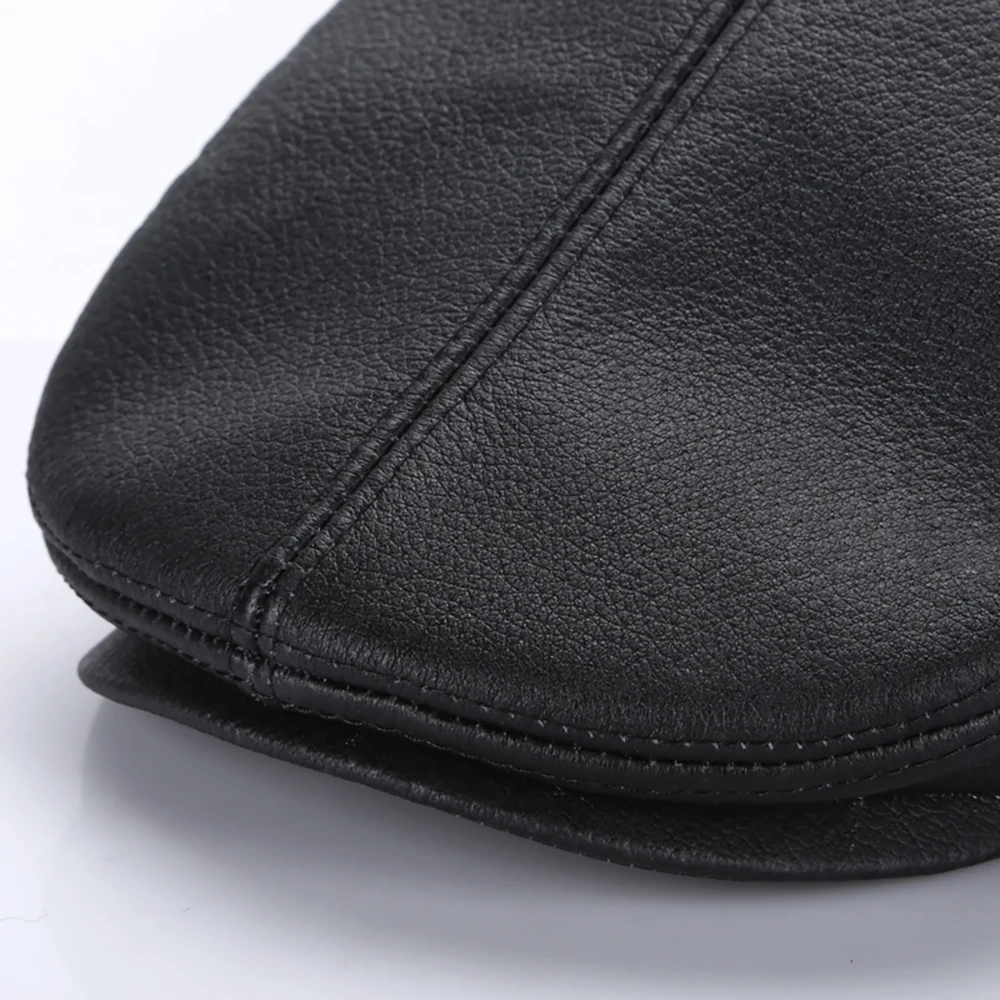 Lvy Male Ear Flaps Thicker Genuine Cowhide Leather Solid Classic Driving Cap Winter Flat Caps Beret Men Black Warm Duckbill Hat