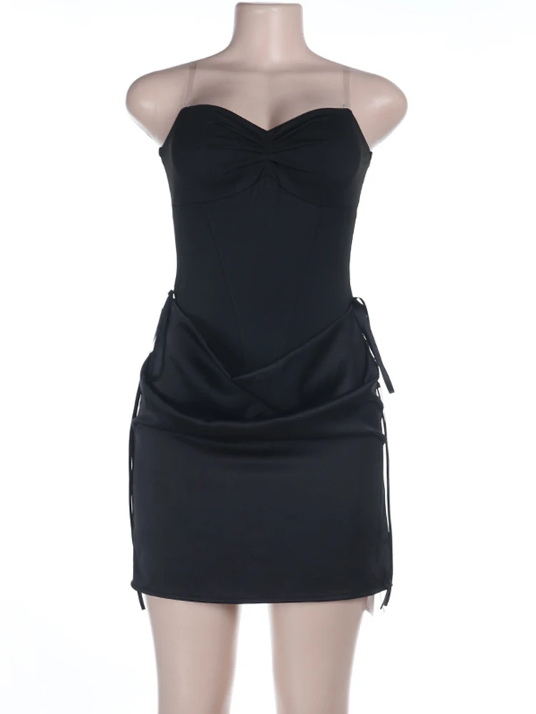 Fantoye élégant bretelles Satin Patchwork femmes Mini robe Sexy sans manches dos nu cordon froncé moulante dame robe de soirée