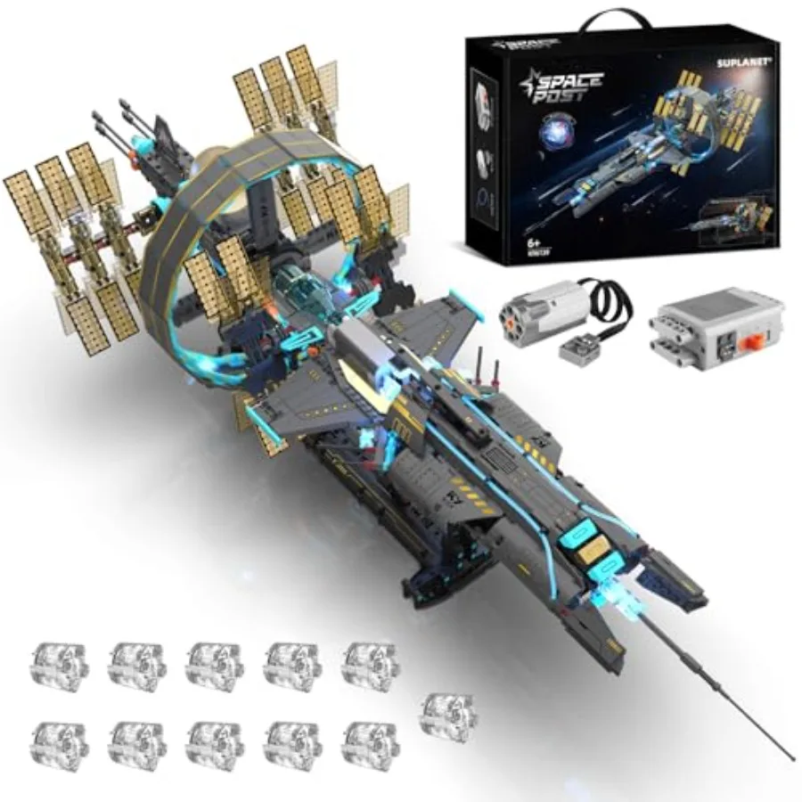 

Space Station Spaceship Building Blocks Set for space exploration, ABS plastic, gray-blue, motorized movement and LED lighting