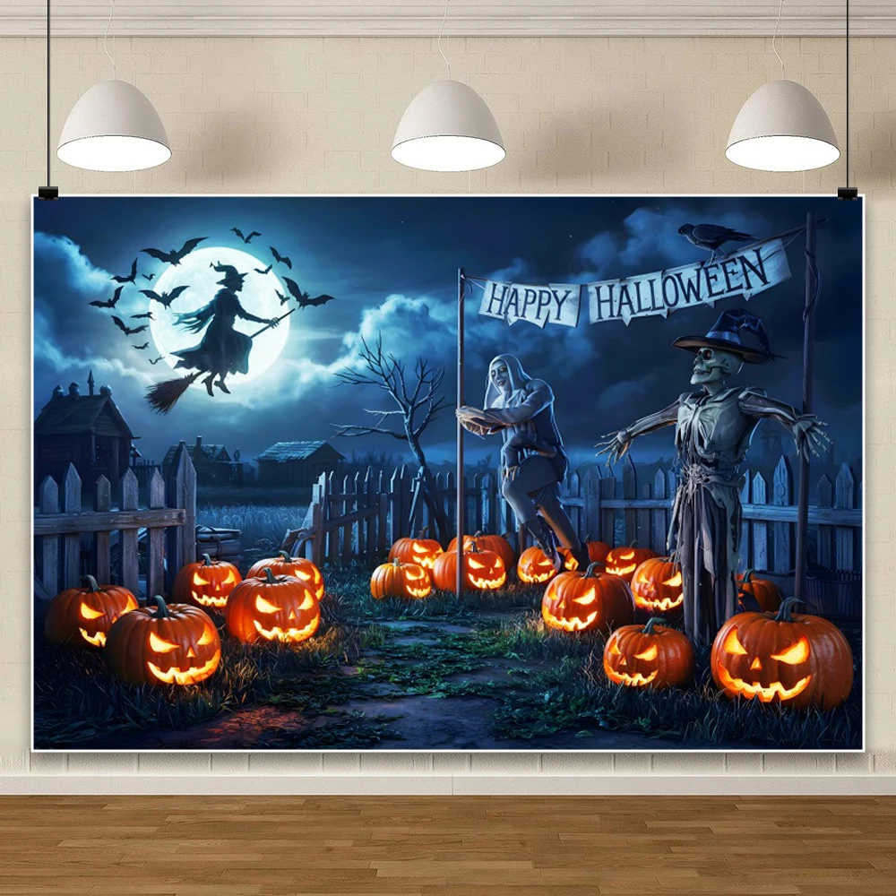 Happy Halloween Party Decor Background Graveyard Pumpkin Lights Witch Broom Halloween Eve Moon Horror Theme Photography Backdrop