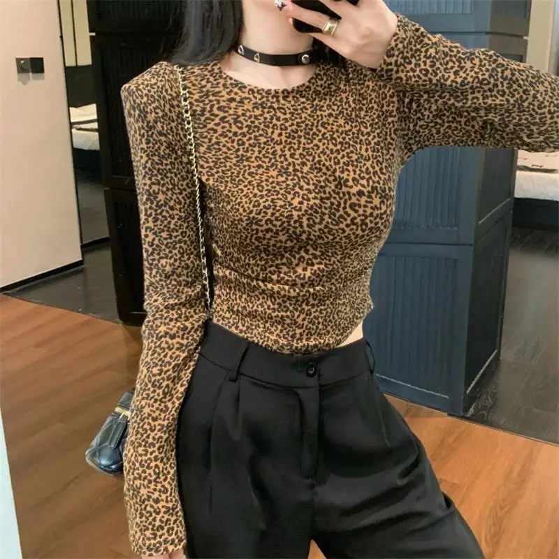 Fashion Leopard Printed Women T-shirt Long Sleeve O Neck Slim Fit Ladies Crop Top Daily Streetwear Casual Tops Autumn Clothing