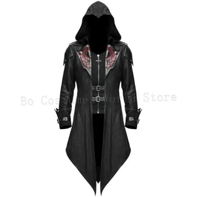 Traje Medieval victoriano para hombre, chaqueta de retales Retro negra, gabardina Steampunk, abrigo de cola, abrigo gótico, uniforme Cos