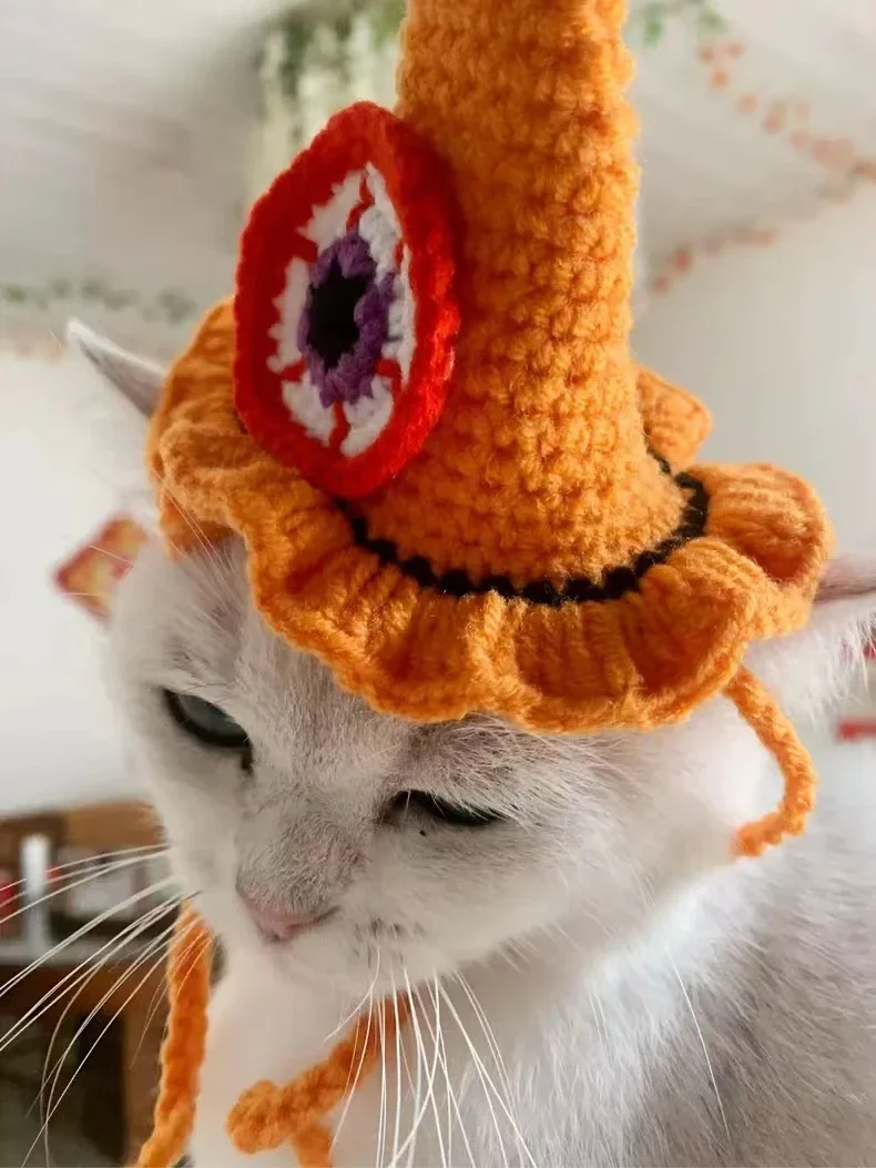 Bandana artesanal de tricô de lã, Cat Crochet Collar, Halloween Ghost Festival, Cat Pet Bib Decoration, Coleira de abóbora