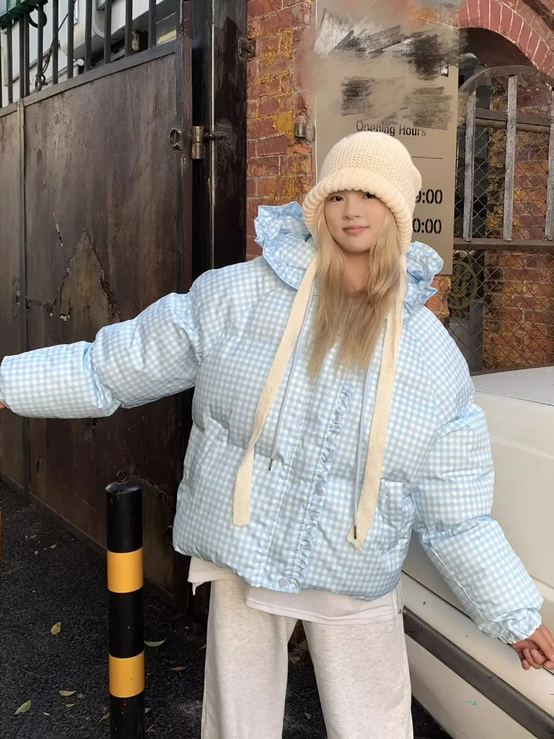 Parka matelassurera à carreaux bleu ciel pour femme, manteau épais, veste matelassurera, bord à volants, capuche, style Lolita Sweet, Mori Girl, hiver