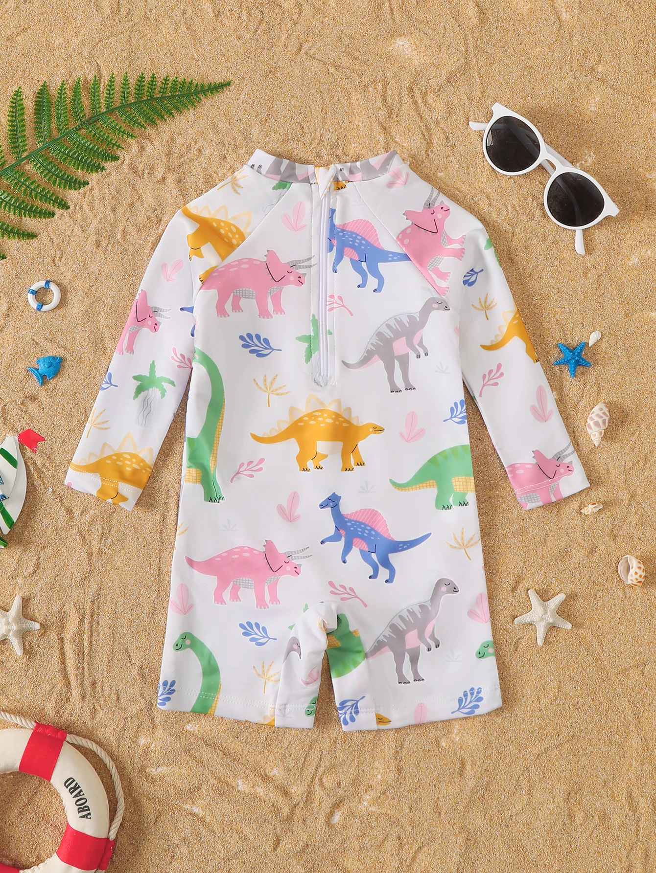 Baby Girl Dinosaur Pattern All-over Printed Long Sleeve Onesie Swimsuit Infant Swimwear Comfortable Fabric Toddler Pool Suit