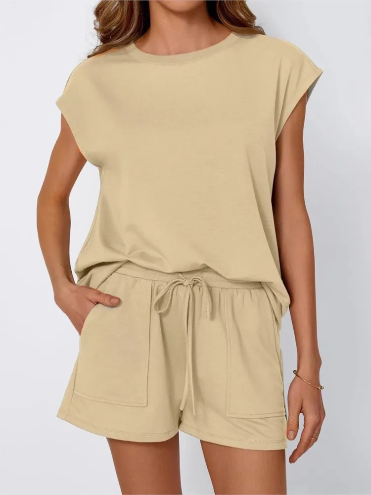 

Casual Loose Two Piece Set Women Summer Fashion Comfort Solid Color Sleeveless Tops And Drawstring Pocket Shorts 2 Piece Sets