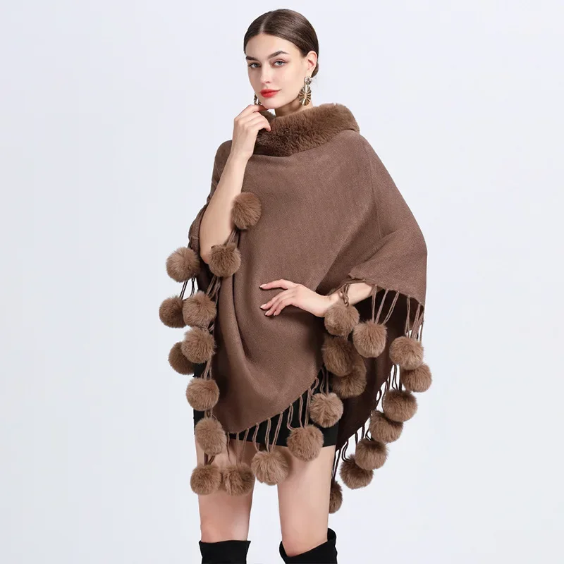 

Autumn winter New Imitation Otter Rabbit Fur Collar Shawl Cape Imitation Rabbit Fur Ball Pullover Knitted Ponchos Capes Cloak 2