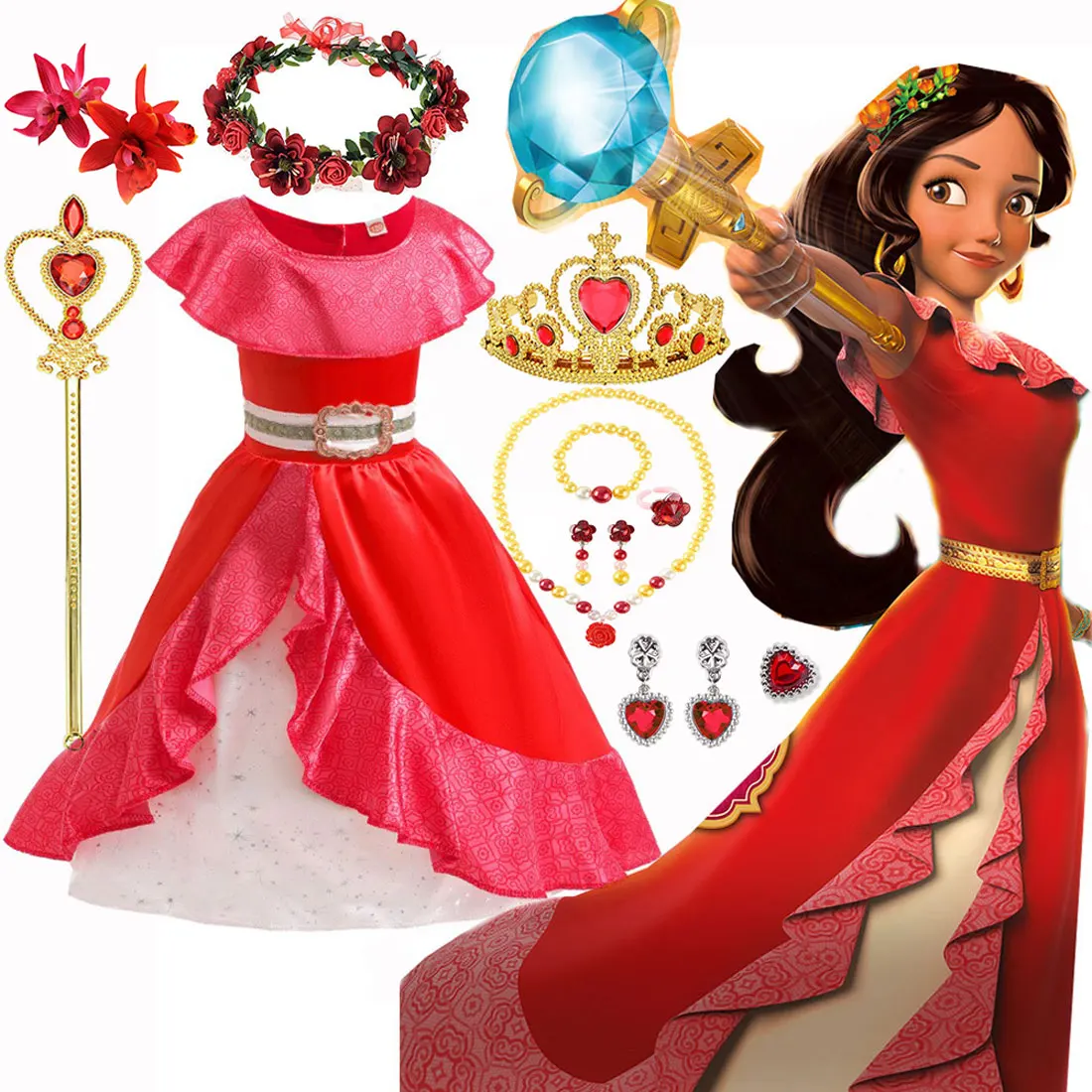 Disney Halloween Princess Dress Elena of Avalor Red Ruffle Skirt Belt Dress Cosplay Costume for Little Girls Birthday Party Gift