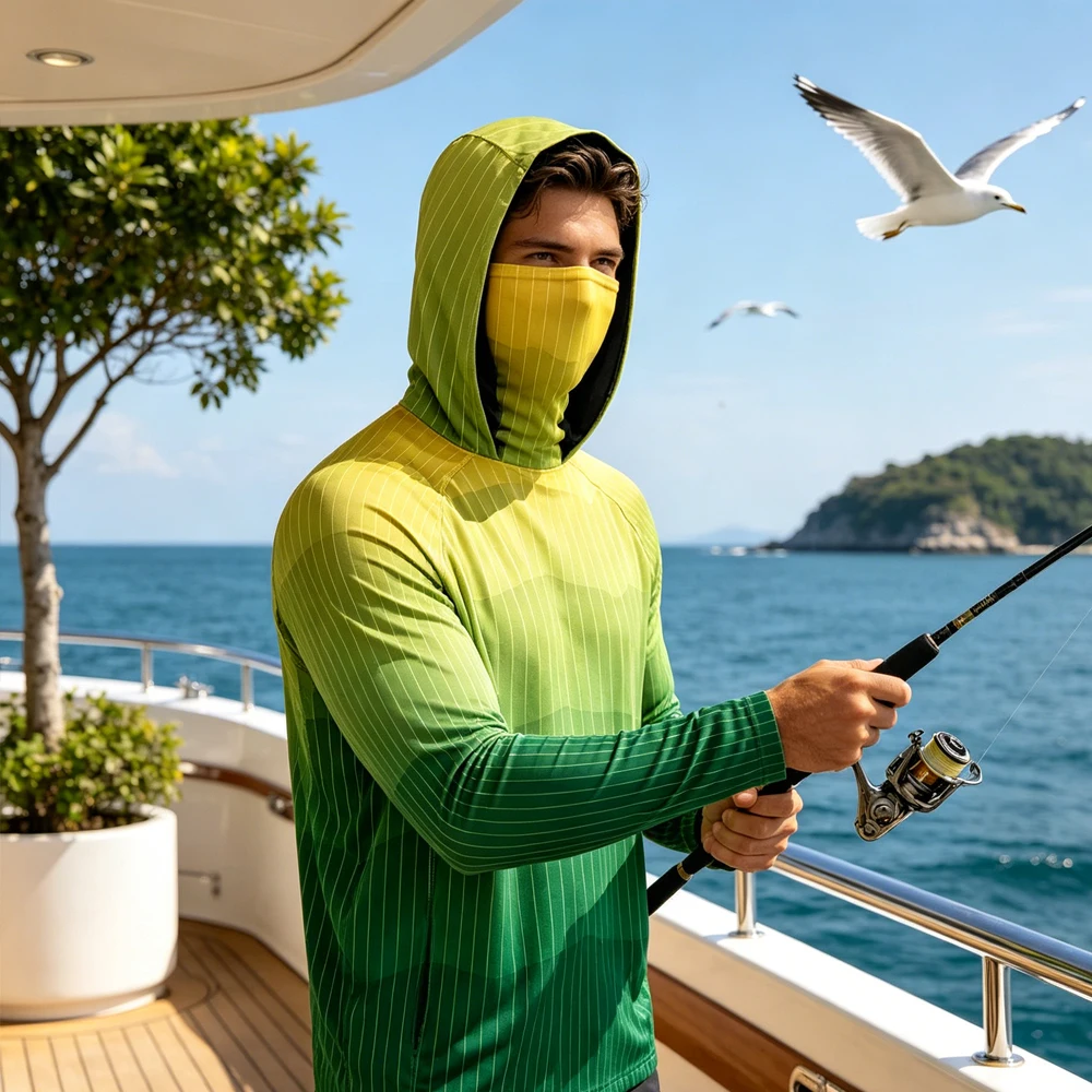 

Men's Hooded Shirt Long Sleeve With Face Mask UPF50+ Quick Dry Breathable Outdoor Fishing Tops High Quality Fishing Clothing
