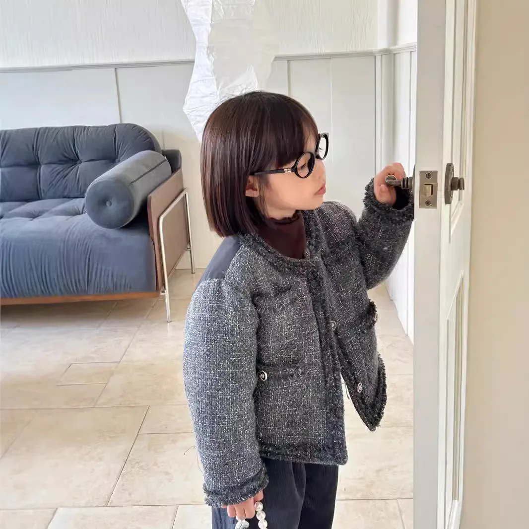 Girls Gray Coat 2024 Autumn High-grade Fashion Foreign Style Korean French Small Fragrance Tweed Thick Coat Fashion Clothes