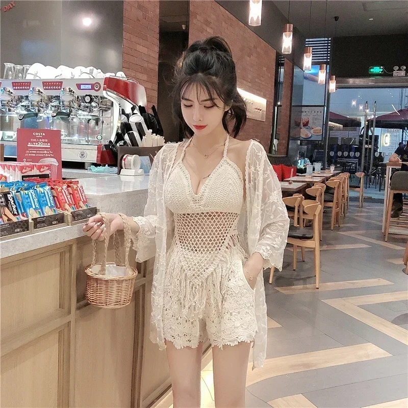 3szt jeden zestaw Letnia plaża nadmorski zestaw damski femme letnie wakacje damskie 3szt zestawy damskie seksowne spodenki kimono zestawy damskie