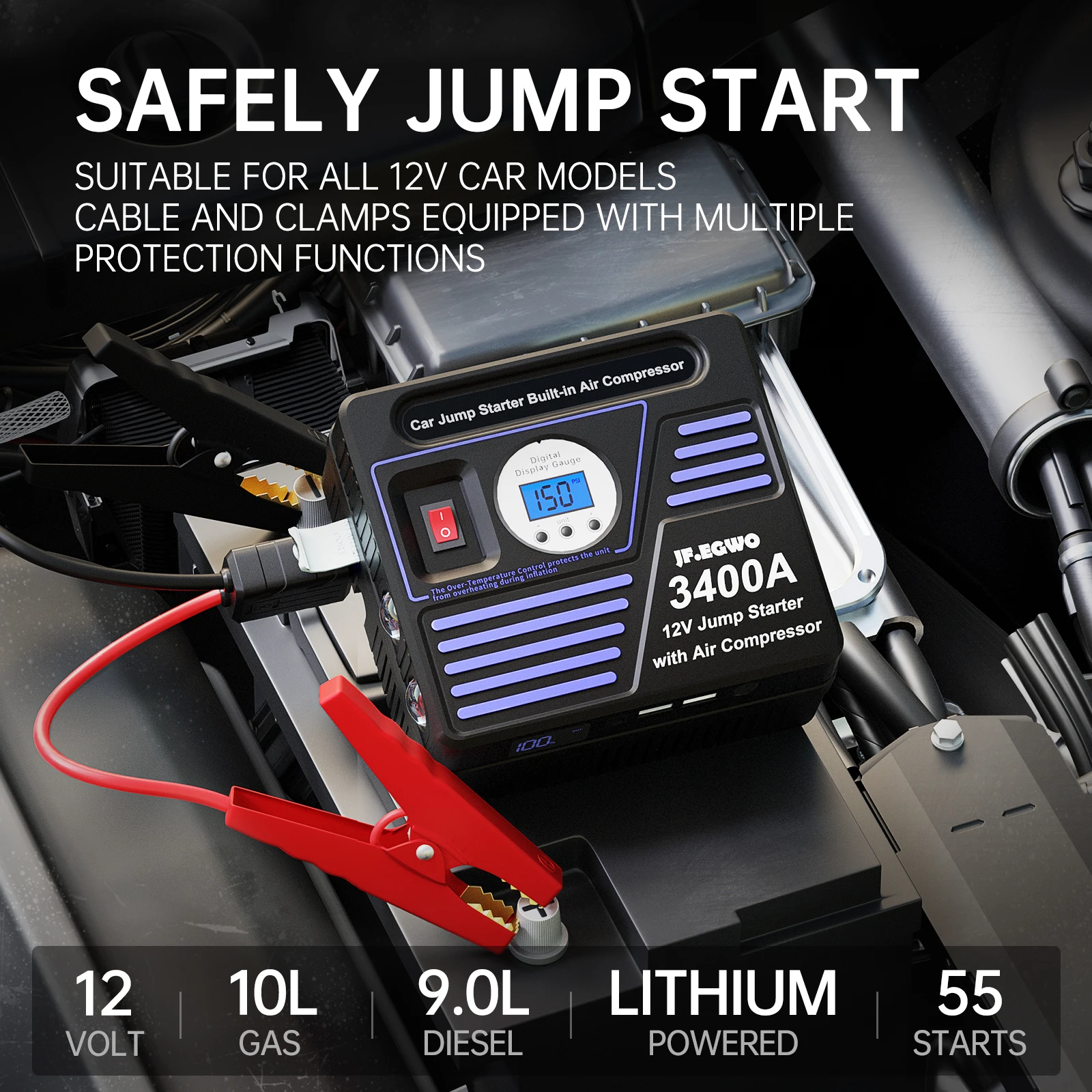 12 Volt Electric Tire Inflator 24000mah 150 PSI Air Compressor portable power jump starter