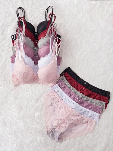 Imagen 2 del producto Conjunto de 6 piezas de sujetador y bragas para mujer, conjunto sexy con encaje estampado, sin forro, ajuste cómodo, sujetador push-up para mujer, conjunto de ropa interior femenina