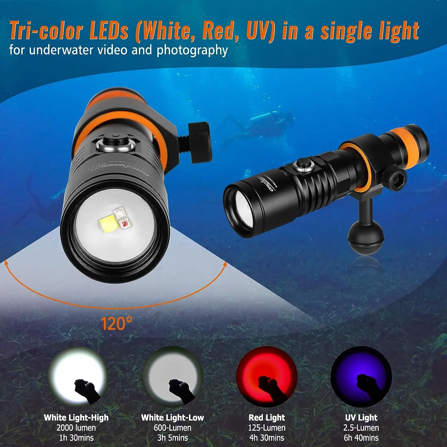 ORCATORCH D710V Luz UV de vídeo subaquática Tocha de mergulho Lanternas LED de alta potência Lanterna USB recarregável profissional 2000 Lumens Scuba Lanterna para Mergulho Fotografia Fill Light Mergulho Noturno Fluore