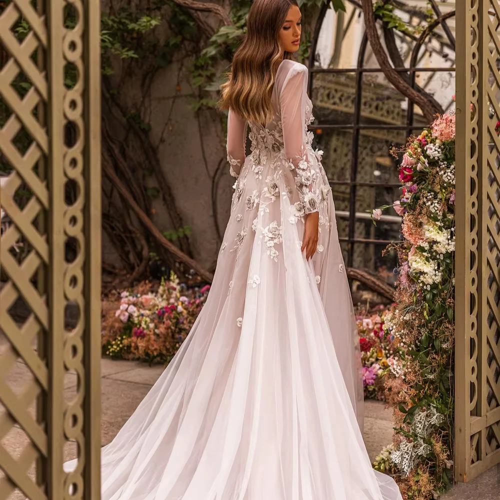 Customized Handmade 3D Floral Vneck Wedding Dress Illusion Long Sleeve Bridal Gown 2026 Customized A-line Long Bridal Gown