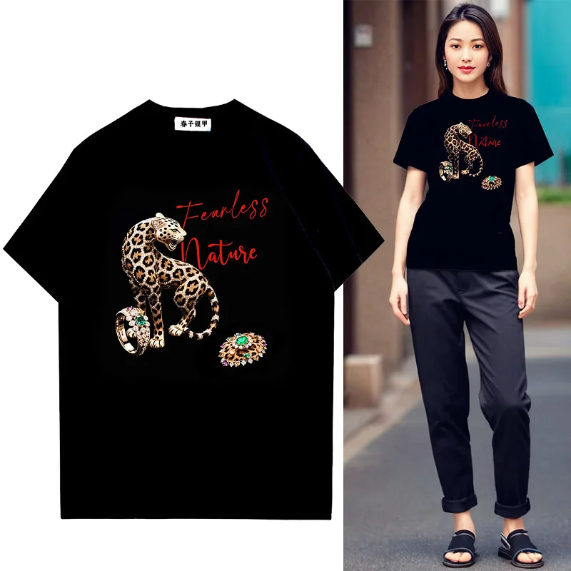 

Fashion designer High quality cotton Red Letters Diamond Leopard Print Women T-shirt Tee