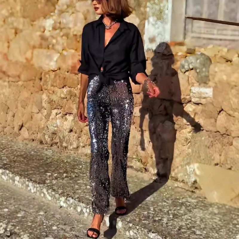 セクシーな女性スパンコールフレアパンツ Y2K エレガントなハイウエストスパークルグリッタースキニースリムパンツナイトクラブウェアストリート