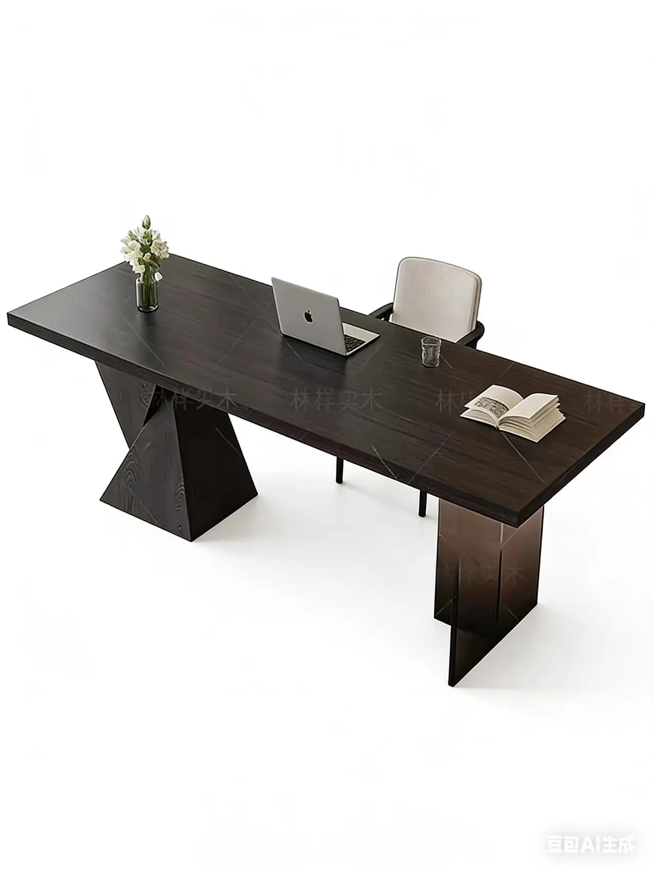 

Black solid wood desk with power outlet, living room study long table, luxury minimalist office computer desk workbench, Italian