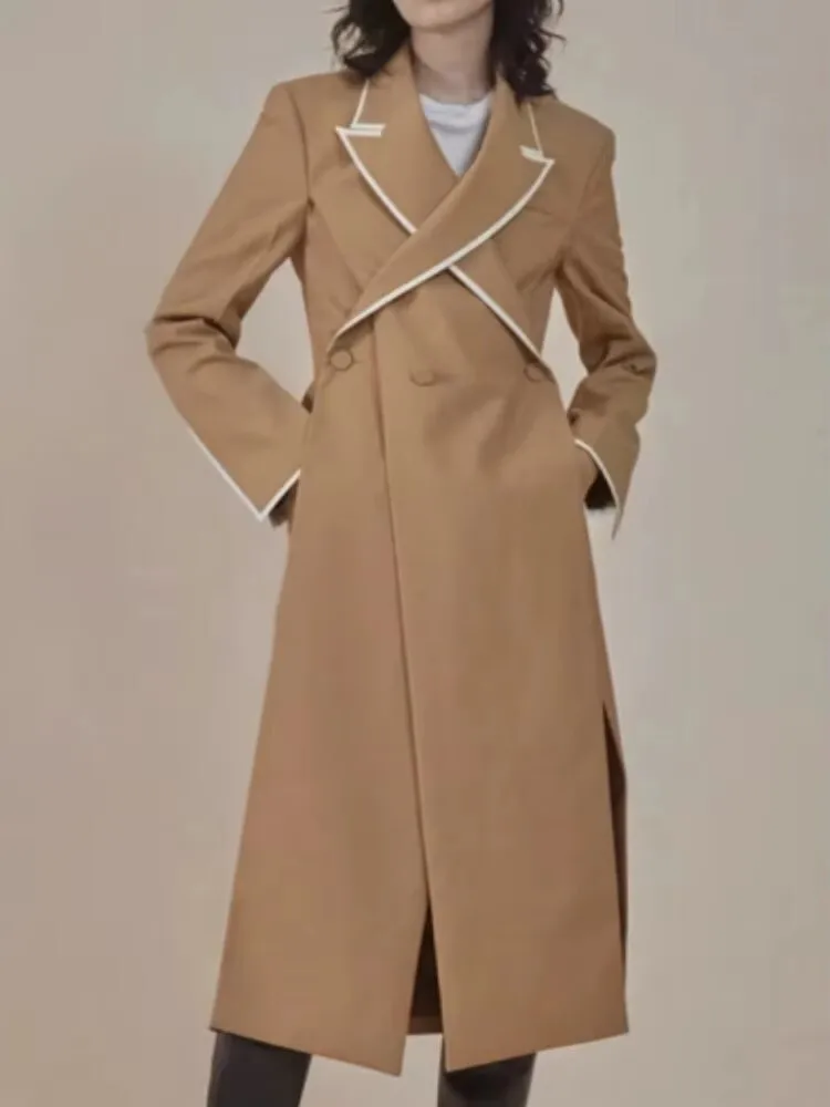 Vefadisa 2025 Spring Autumn New Khaki Women Trench Coat Lapel Long Sleeve Cross One Piece Mid-length Trench Coat ZXY1310A