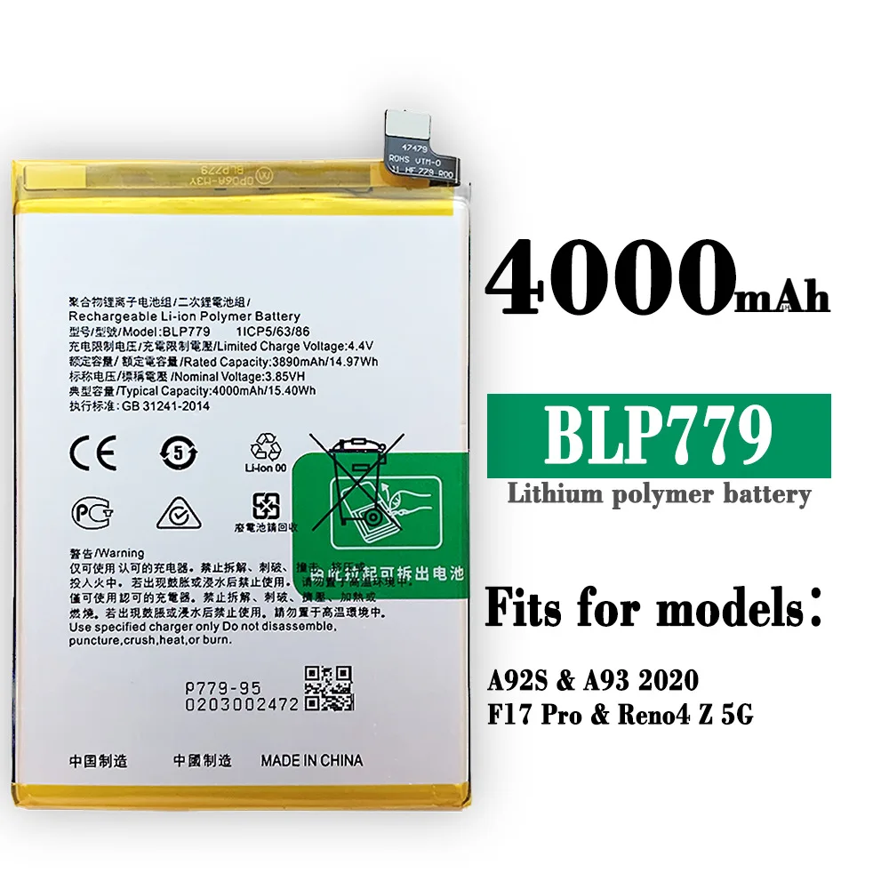 High Quality Replacement Battery For Oppo A92S A93 F17 Pro Reno 4Z Reno 4 Lite BLP779 4000mAh Lithium Battery