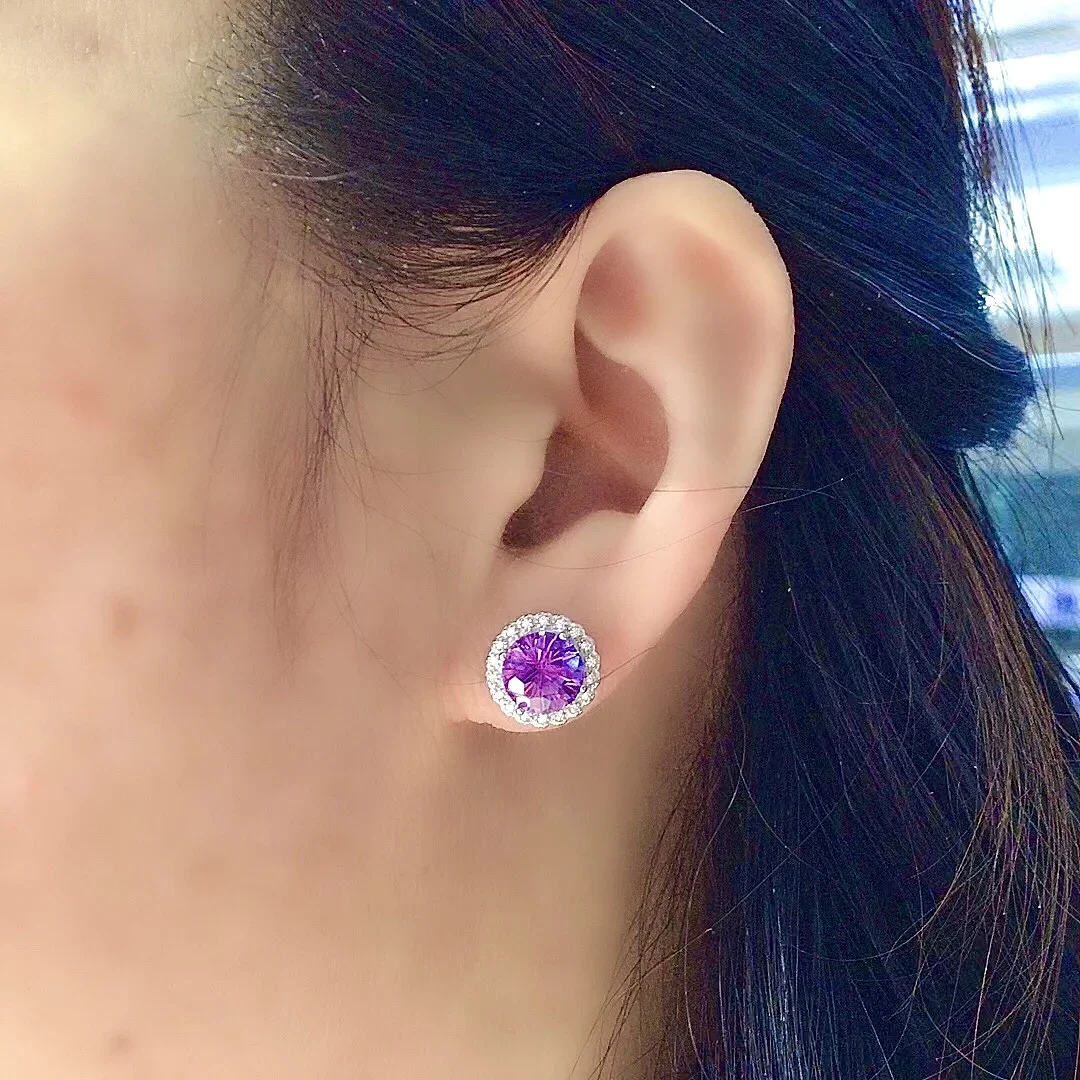 الكلاسيكية أقراط الكريستال للحزب 8 مللي متر VVS الصف الجمشت الطبيعي أقراط الصلبة 925 الفضة جمشت مجوهرات