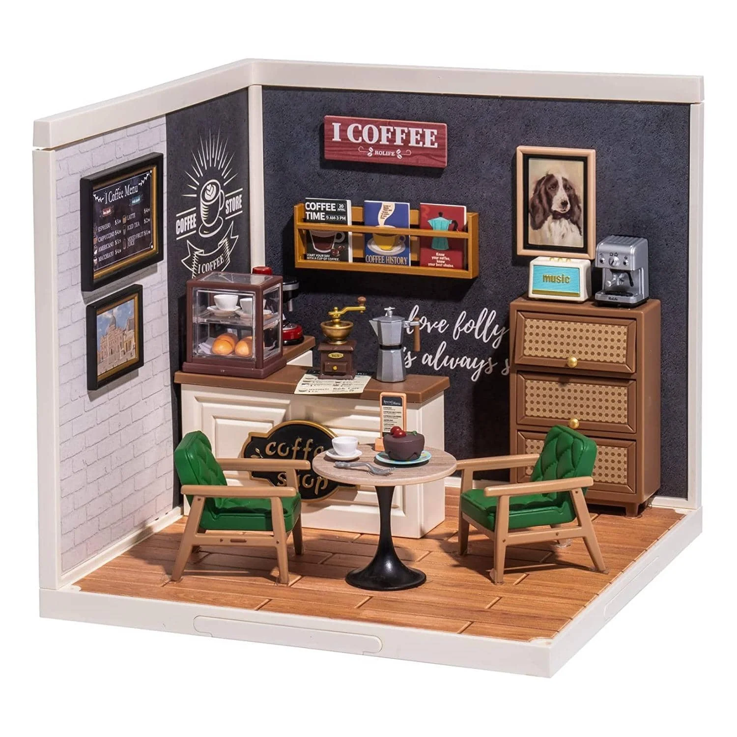 Conjunto de construção de casa de bonecas em miniatura com LED, kit de jogo de café DIY para adolescentes e adultos, presente de brinquedo de construção, decoração de quarto Diorama