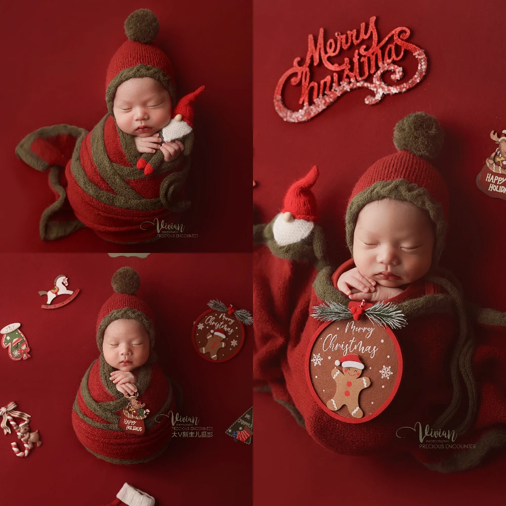 Christmas Theme Newborn Photography Props Set Red Knitted Hat+Wrap Xmas Decor Props for Photo Studio Baby Xmas Shooting Supplies