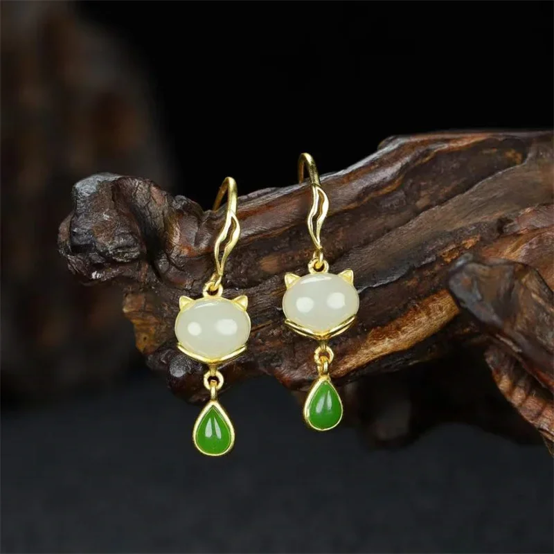 Hot Selling Natural Hand-carved 925 Silver Gufajin Inlaid White Jade  Fox Head Earrings Studs Fashion Jewelry Women Luck Gifts