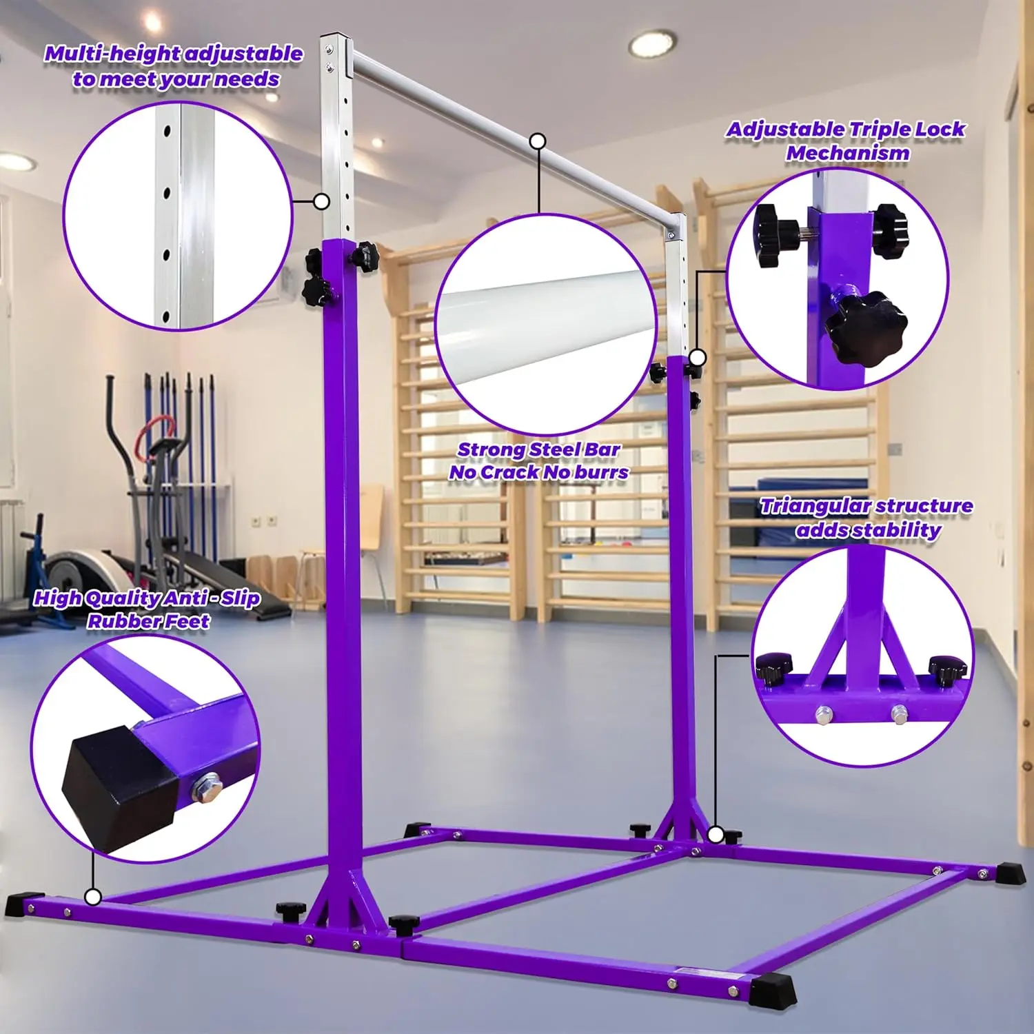 PreGymnastic Sturdy High Bar for Training 48''-71'' Heights No Wobble Gymnastic Bar for Kids Ages 3-14 Years