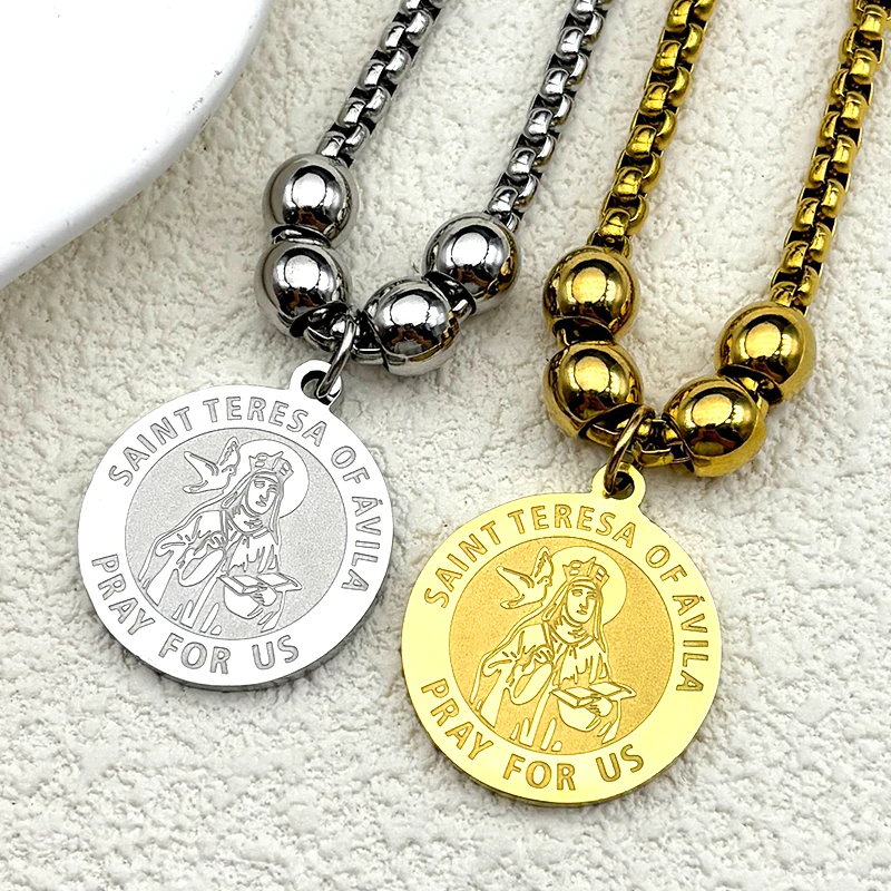 سانت تيريزا أفيللا الصلاة بالنسبة لنا سوار للنساء الرجال الفولاذ المقاوم للصدأ الذهب اللون الكاثوليكية الإيمان سلسلة اليد مجوهرات هدايا #5