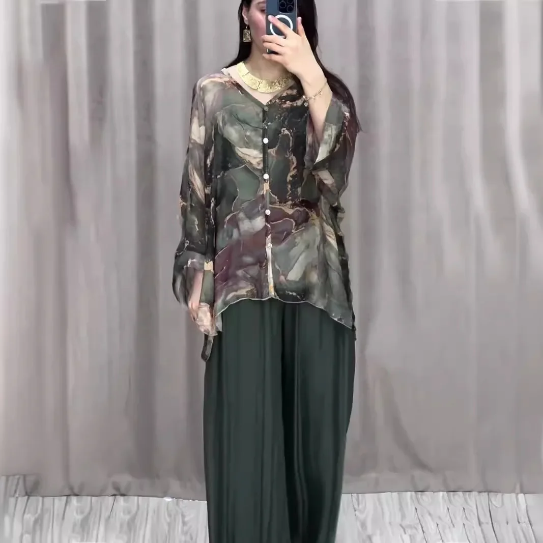 

2025 Spring Fashion New Hand-painted Printed Shirt Top Wide Leg Pants Two-piece Suit Women's Clothing Костюм Женский