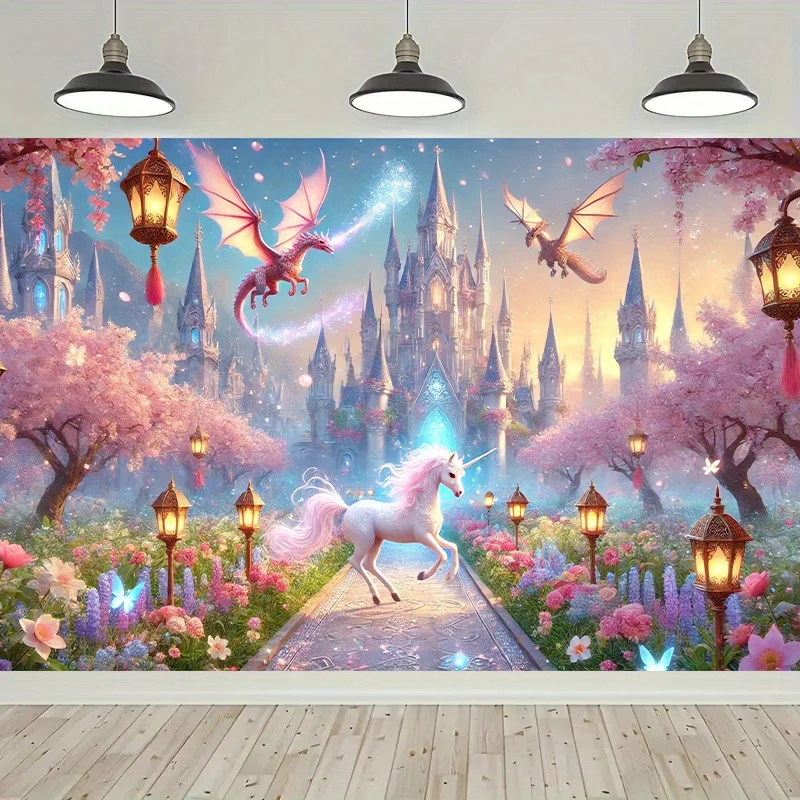 ديكور حائط من البوليستر النابض بالحياة على شكل قلعة وحيد القرن المسحور مع تنين وحيد القرن وأضواء خرافية. ديكور غرفة النوم