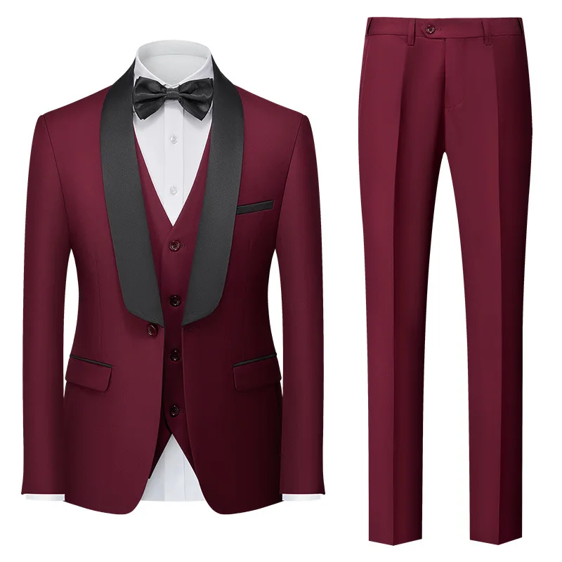 

KIDWHXR Man Suit Set Contrast Color Single-breasted Blazer Male V-neck Vest Straight-leg Pant Men Wedding Groom 3-piece Suits
