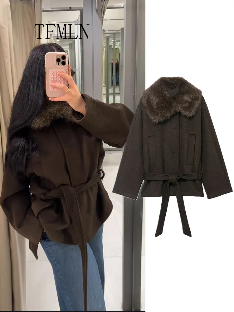 

TFMLN Women Loose Faux Fur Collar Jackets With Belt 2025 Autumn Winter Warm Long Sleeve Cropped Coats Retro High Street Outwear