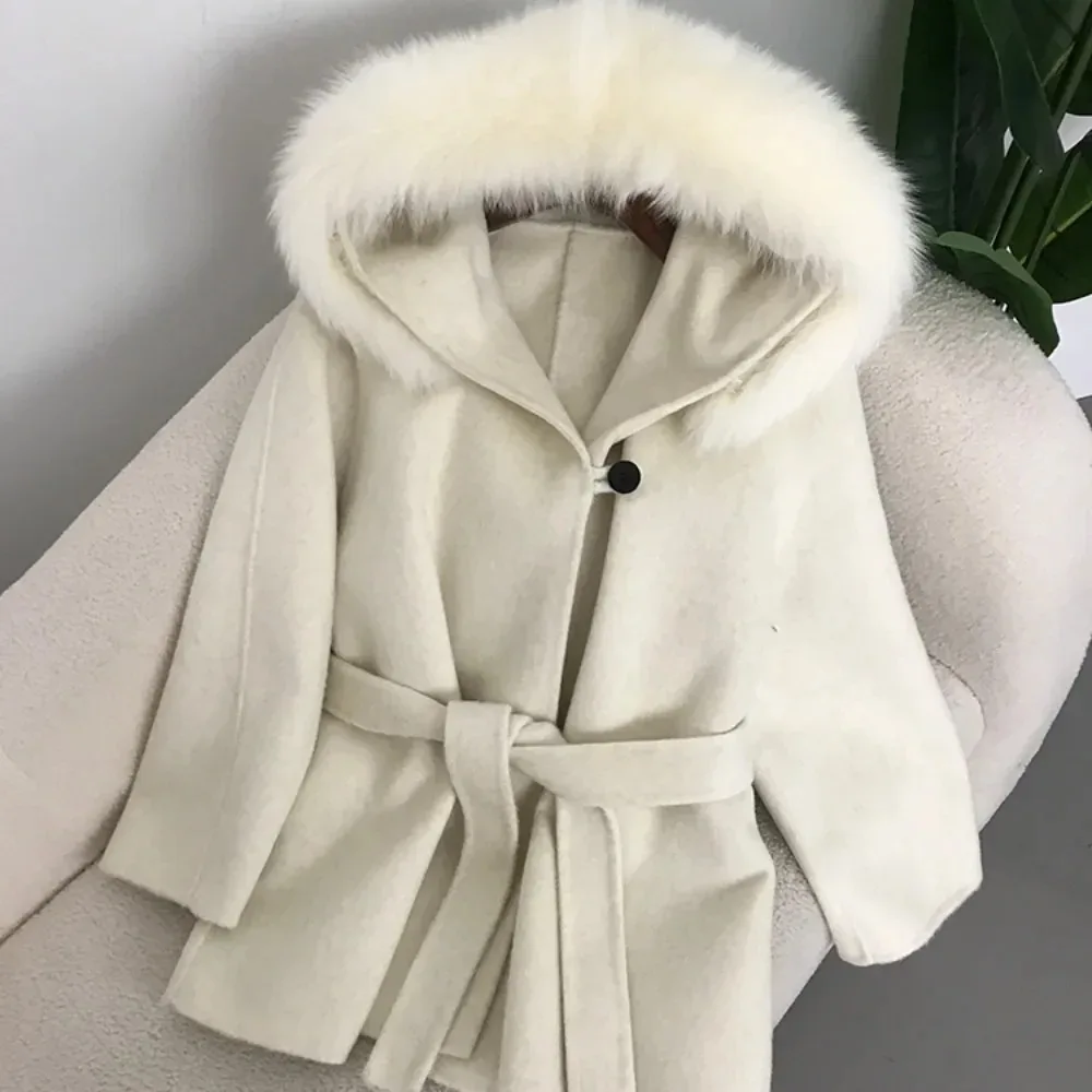 Casaco de pele real curto para mulheres, colarinho de raposa natural, lã, jaqueta feminina, cinto grosso, casacos quentes, streetwear casual, inverno, 2024