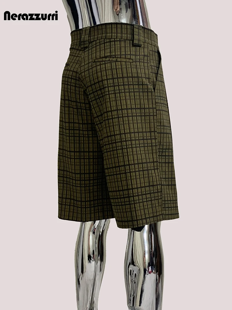 Nerazzurri Summer Autumn Colorful Plaid Gingham Shorts for Men High Waist Calf-Length Pants Chic Korean Fashion Menswear Clothes