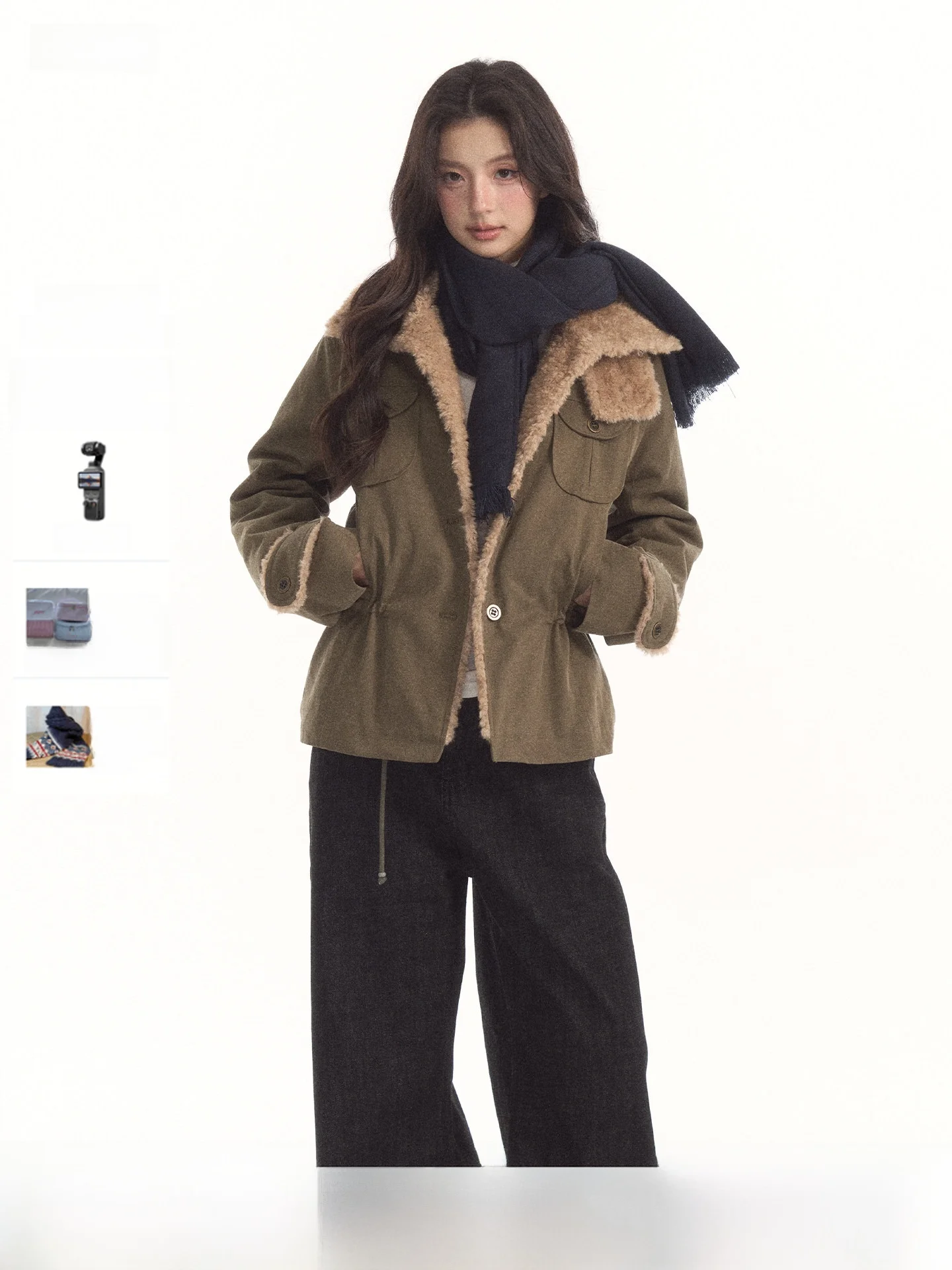 7Shiftin Original Design Faux Lamb Fur Jacket with Multiple Pockets Drawstring Waist Woven Casual Style Women's Coat